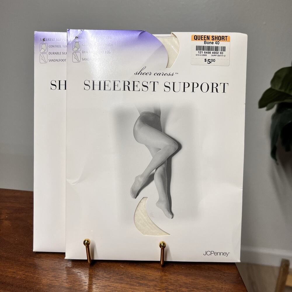 2 x JCPenney Sheer Caress Sheerest Support Queen Short Bone White Pantyhose
